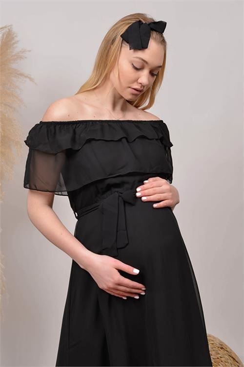 Neşeli butik kadın siyah midi boy madonna yaka şifon hamile elbisesi HML8060