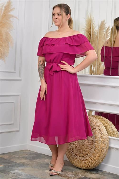 Neşeli butik kadın madonna yaka büyük beden şifon elbise NB8061