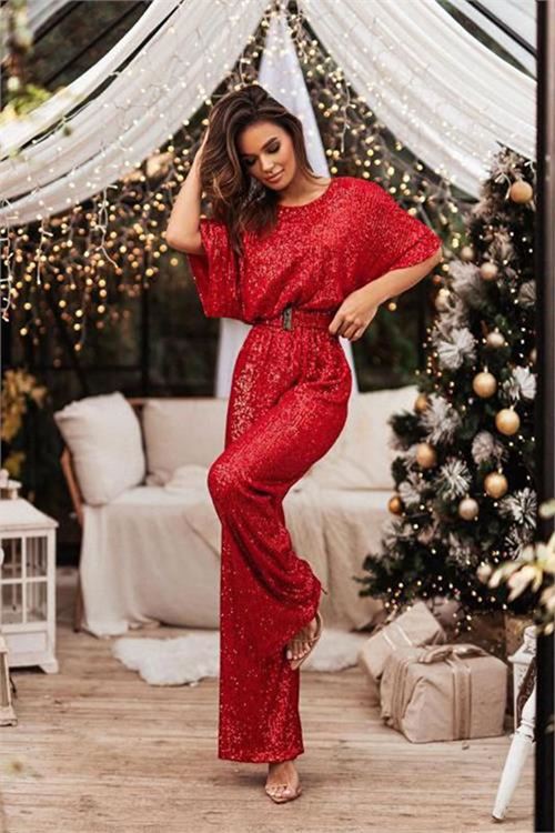 Neşeli butik kadın kırmızı kemerli tasarım tulum NBEMP2350