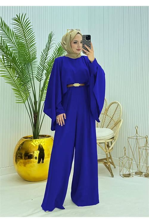 Neşeli butik kadın pelerinli kemer detaylı tesettür tulum NMS061