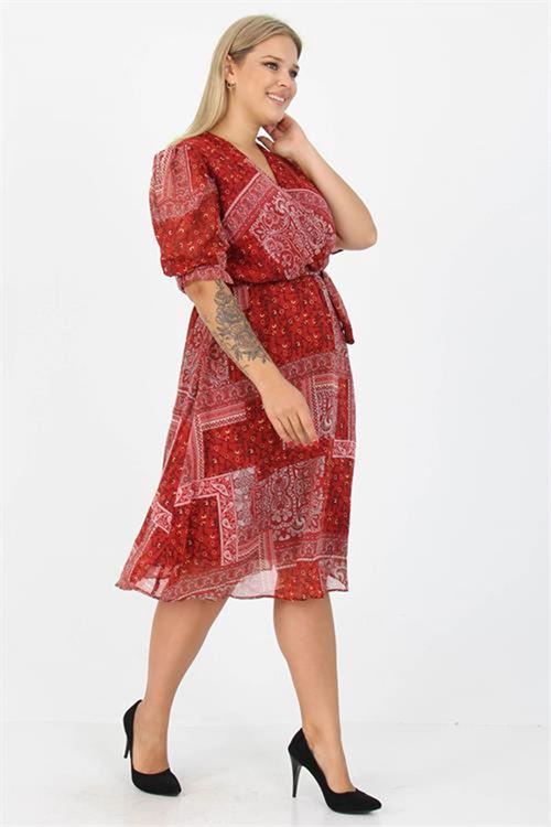 Neşeli butik kadın kruvaze yaka midi boy büyük beden etnik Desenli şifon elbise NB80623
