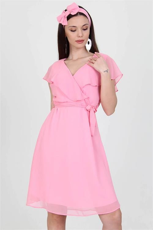 Neşeli butik kadın midi boy yeni sezon kruvaze yaka melek kol şifon elbise RY8081