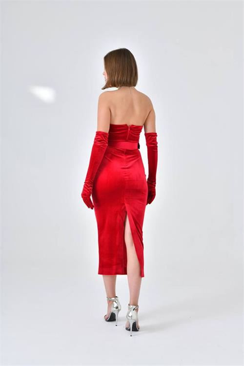Neşeli butik kadın straplez eldivenli fransız kadife abiye elbise NBS9334