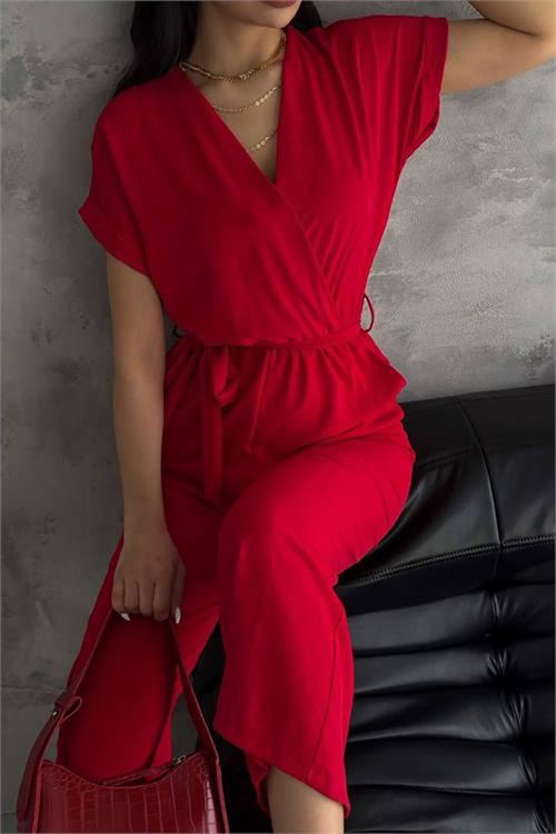 Neşeli butik kadın kırmızı bağlama detaylı ayrobin tulum NBTG7035