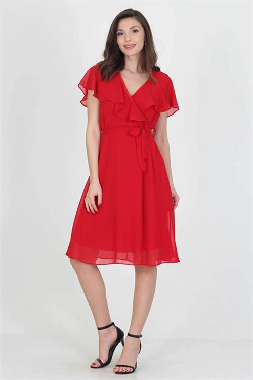 Neşeli butik kadın midi boy yeni sezon kruvaze yaka melek kol şifon elbise RY8081
