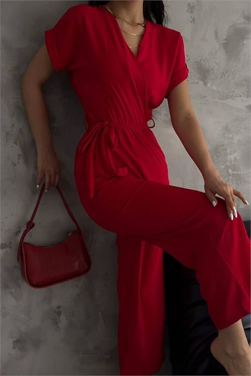 Neşeli butik kadın kırmızı bağlama detaylı ayrobin tulum NBTG7035