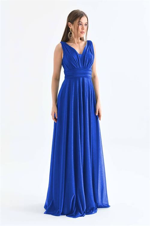 Neşeli butik kadın saks mavisi v yaka simli tül abiye elbise NBS9223