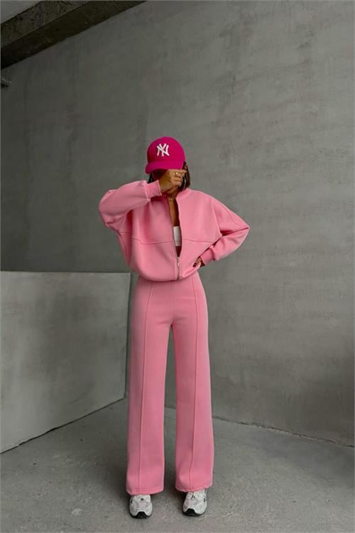 Neşeli butik kadın şardonlu üç iplik eşofman takımı GTS018 - Pembe