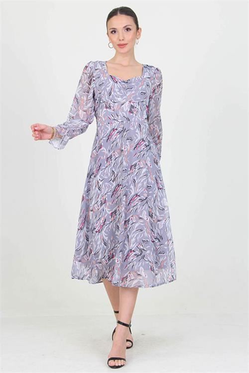 Neşeli butik kadın gri kalp yaka yeni sezon desenli şifon elbise RY0030