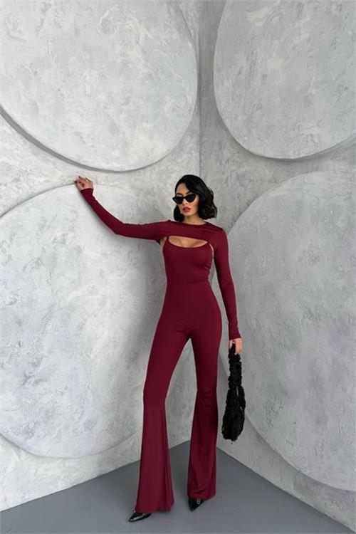 Neşeli butik kadın bordo bolero detaylı ispanyol tulum NBDF120