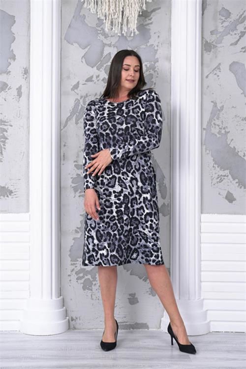 Neşeli butik kadın leopar desenli büyük beden elbise NBA030