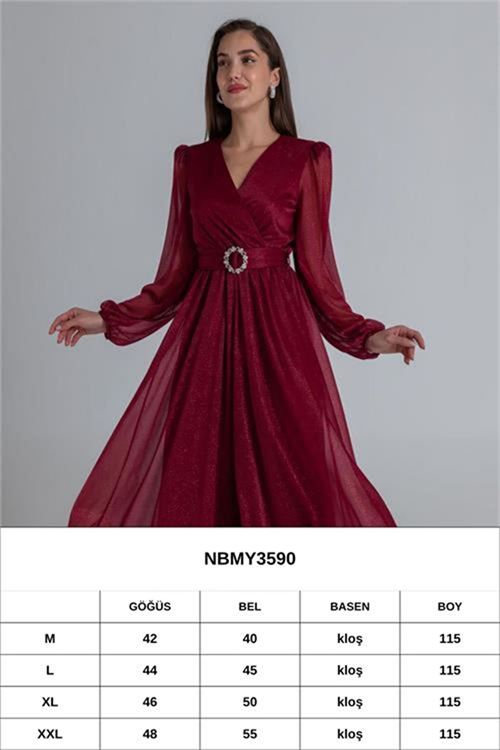 Neşeli butik kadın kemerli kruvaze yaka simli gece elbisesi NBMY3590