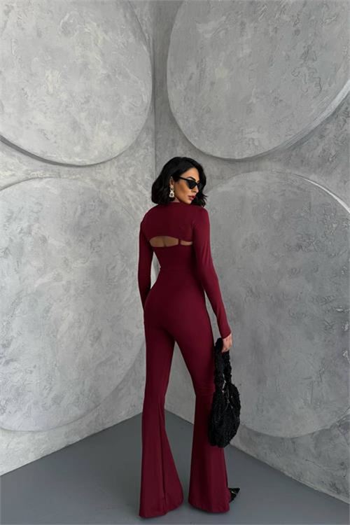Neşeli butik kadın bordo bolero detaylı ispanyol tulum NBDF120