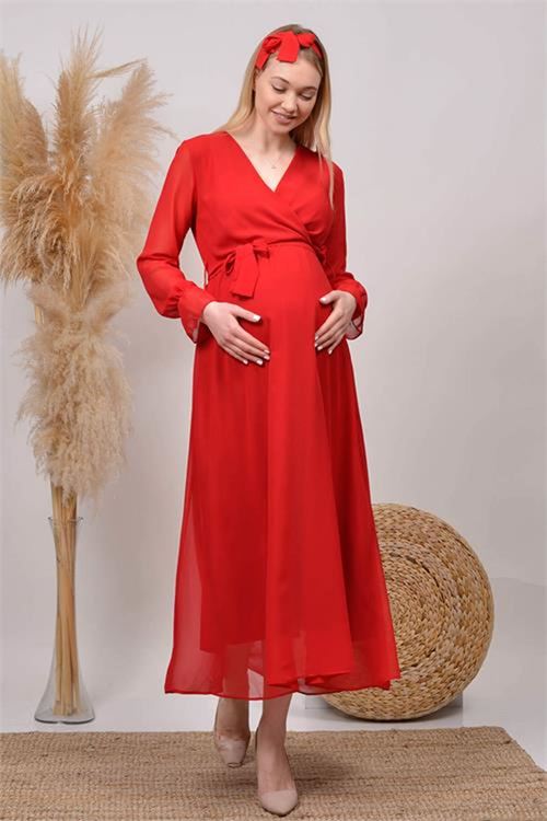 Neşeli butik kadın kırmızı baby shower şifon hamile elbise HML003