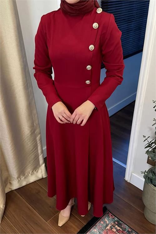 Neşeli butik kadın düğme detaylı tesettür elbise NMS037