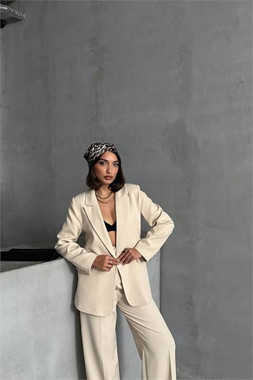 Neşeli butik kadın gold düğme detaylı blazer ceket NBG077