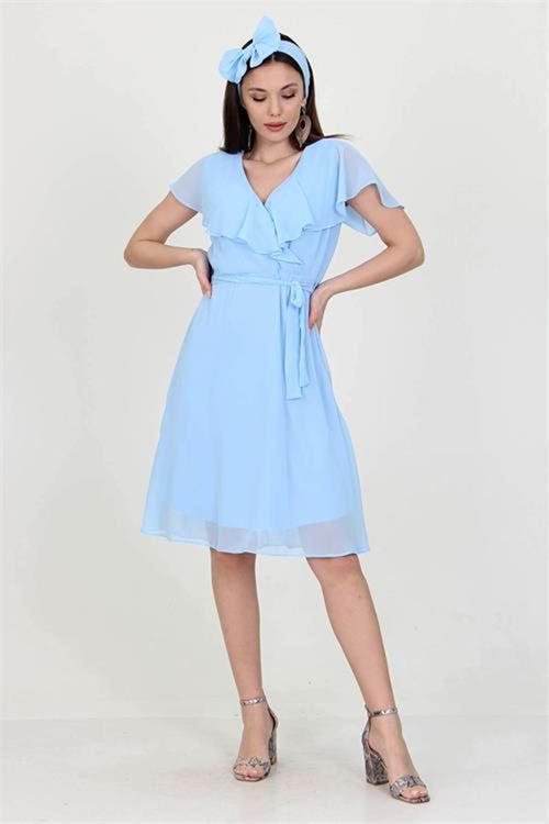 Neşeli butik kadın midi boy yeni sezon kruvaze yaka melek kol şifon elbise RY8081