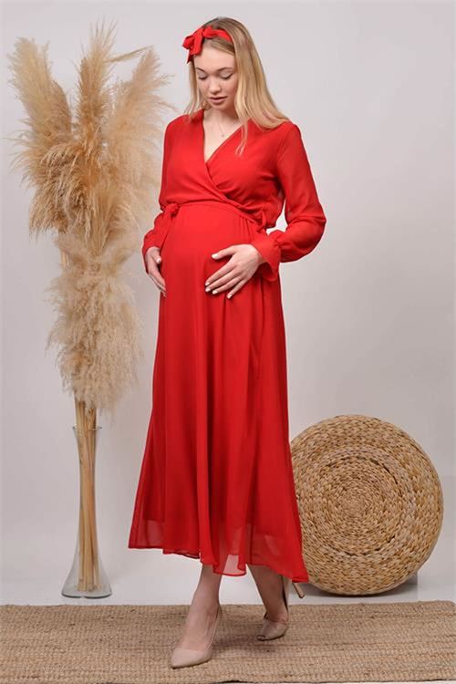 Neşeli butik kadın kırmızı baby shower şifon hamile elbise HML003