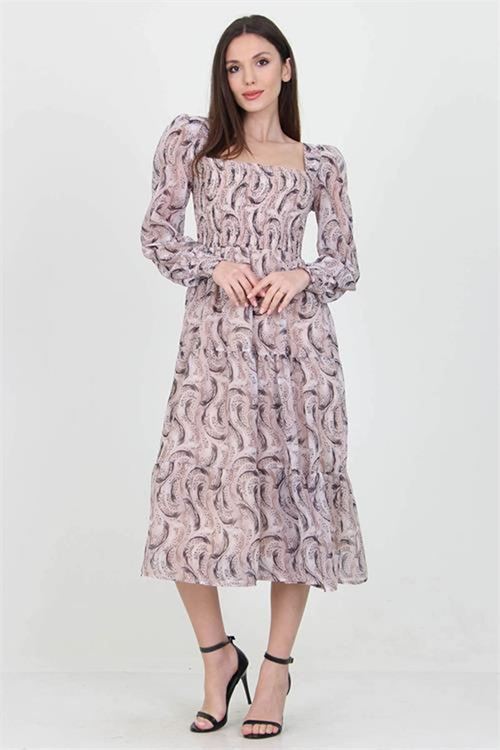 Neşeli butik kadın bej desenli kare yaka gipeli şifon elbise NB100361