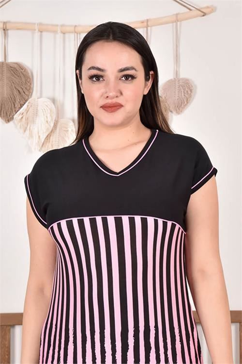 Neşeli butik kadın V-yaka likralı büyük beden elbise AYSL86