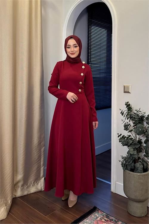 Neşeli butik kadın düğme detaylı tesettür elbise NMS037