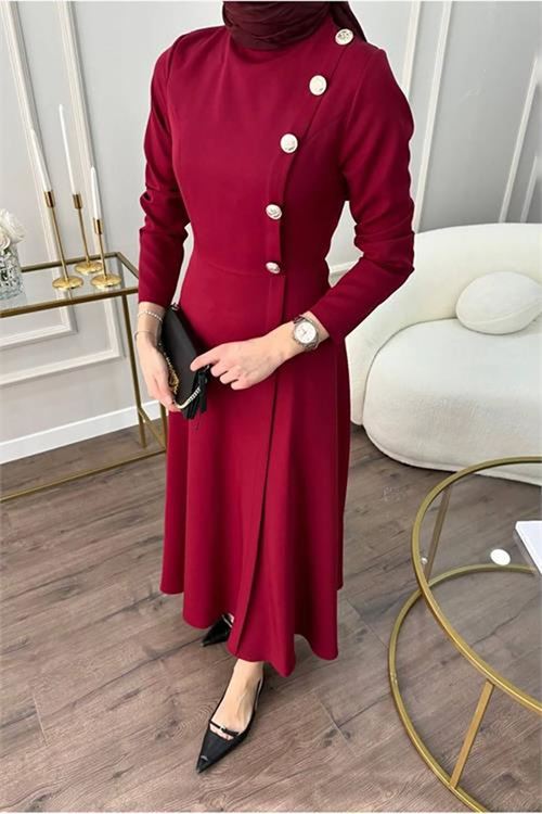 Neşeli butik kadın düğme detaylı tesettür elbise NMS037