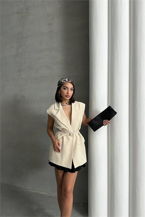 Neşeli butik kadın salaş kemerli kolsuz blazer ceket NBG076