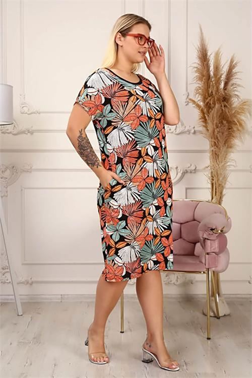 Neşeli butik kadın midi boy büyük beden elbise AYSL42 - Çok Renkli