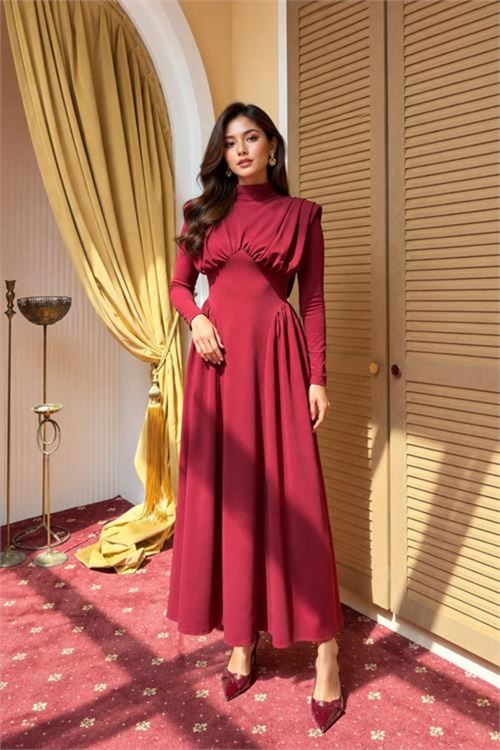 kadın bordo dik yaka vatkalı krep kumaş boyun bağlamalı elbise NBMY4158
