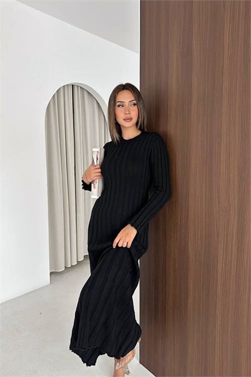 Neşeli butik kadın siyah fitilli triko tam boy standart beden arka bağlamalı elbise NBK2585