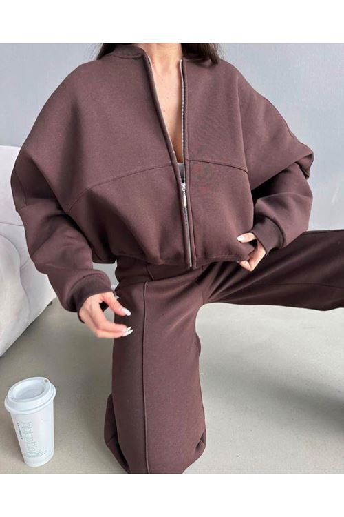 Kadın Kahverengi Önü Dikiş Detaylı Pantolon Sweat Takım, Eşofman Takım