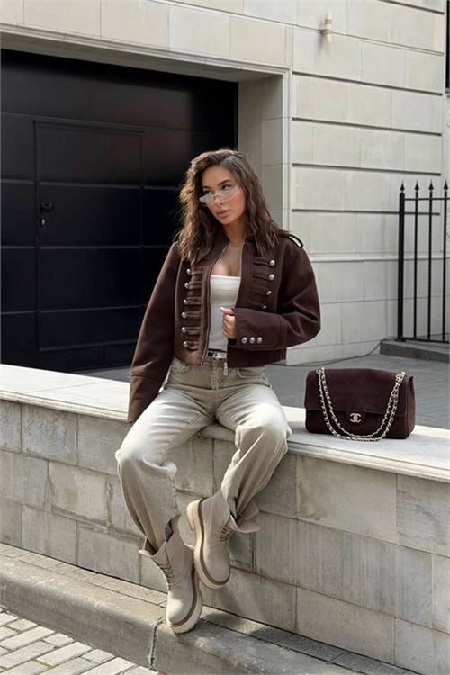 Neşeli butik kadın kahverengi ZR model silver düğmeli kaşe kumaş ceket NBEMP3125