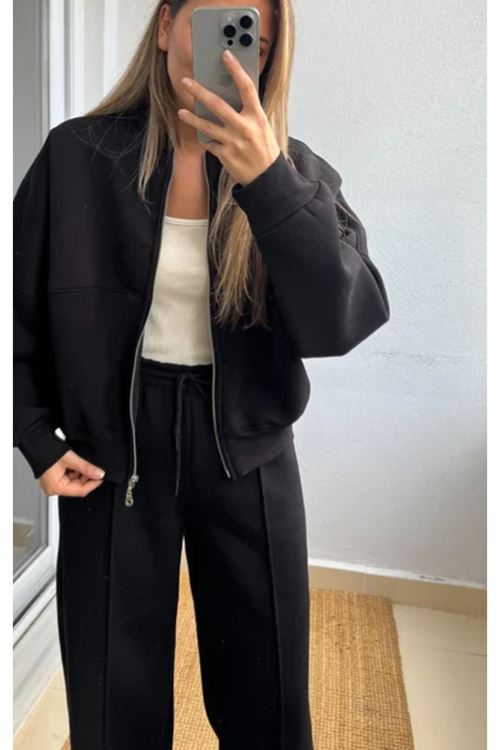 Kadın Pantolon Fermuarlı Sweat Takım Siyah