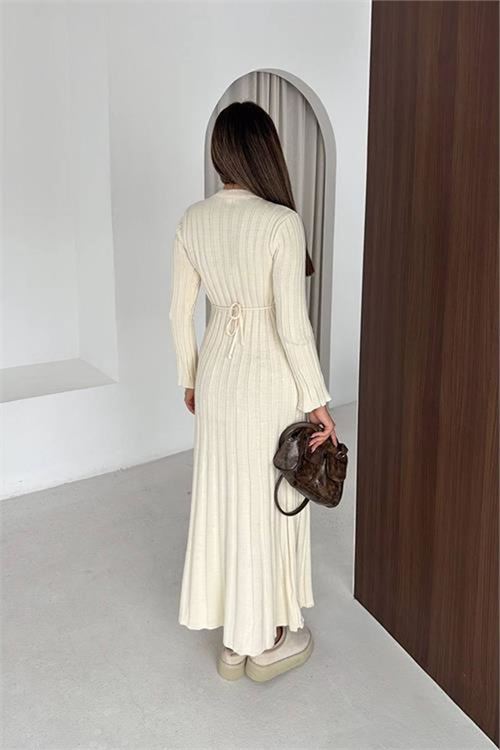 Neşeli butik kadın ekru fitilli triko tam boy standart beden arka bağlamalı elbise NBK2585