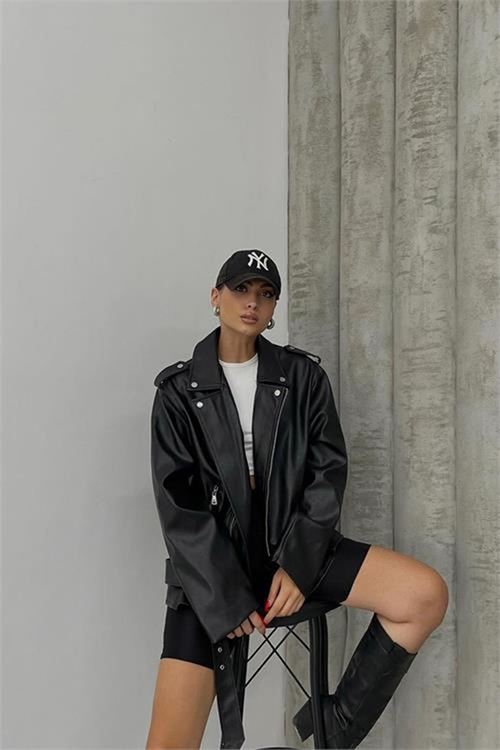 Neşeli butik kadın siyah oversize deri mont NBDM5017