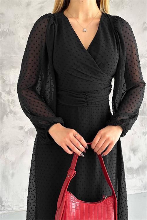 Neşeli butik kadın kemer detaylı astarlı ponpon şifon elbise NBKKLF2052