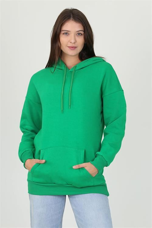 Neşeli butik kadın yeşil kapüşonlu kanguru cepli üç iplik sweatshirt FVR002