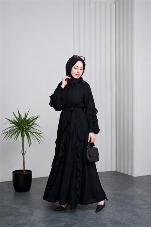 Neşeli butik kadın siyah fırfırlı kuşak detaylı yazlık premium tesettür elbise --- NBVQ3150