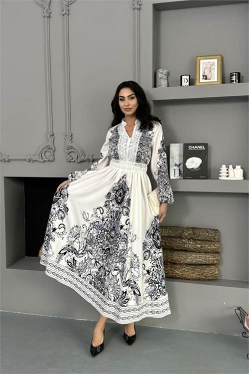 Neşeli butik kadın siyah güpür detaylı atlas kumaş desenli ithal elbise NBMS25109