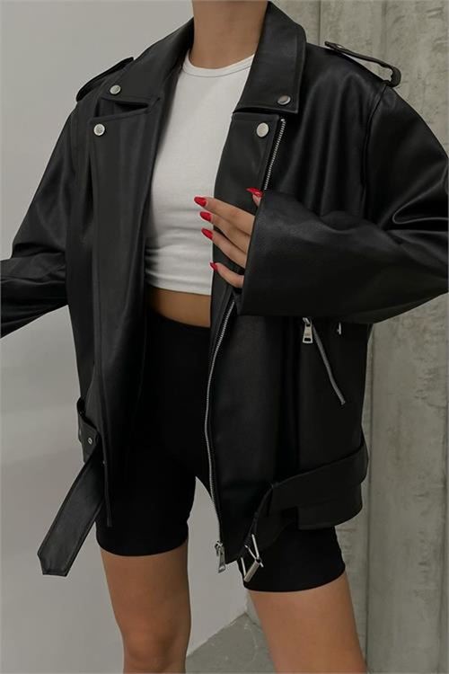 Neşeli butik kadın siyah oversize deri mont NBDM5017