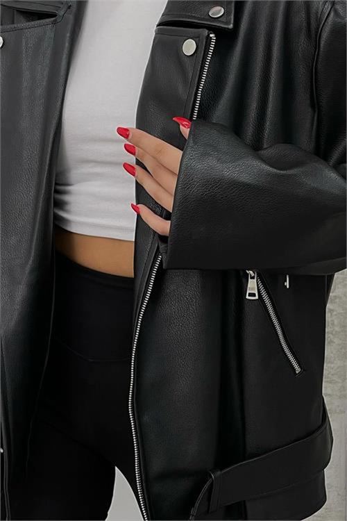 Neşeli butik kadın siyah oversize deri mont NBDM5017