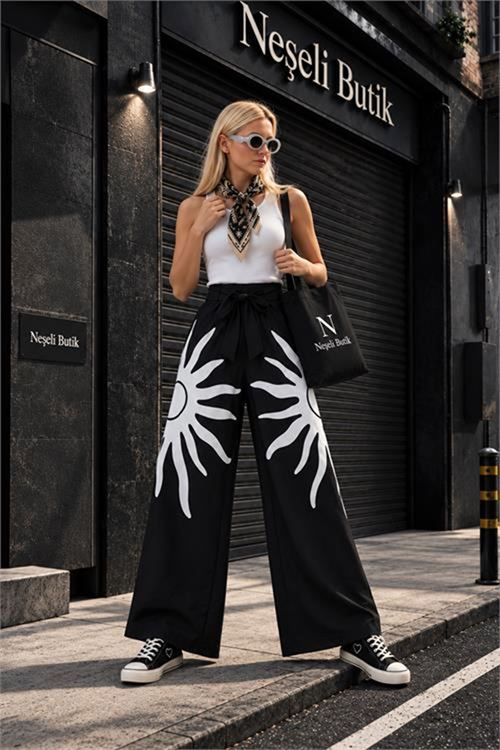 Neşeli butik kadın viskon kumaş bel fiyonk detaylı baskılı geniş paça pantolon NBHT05
