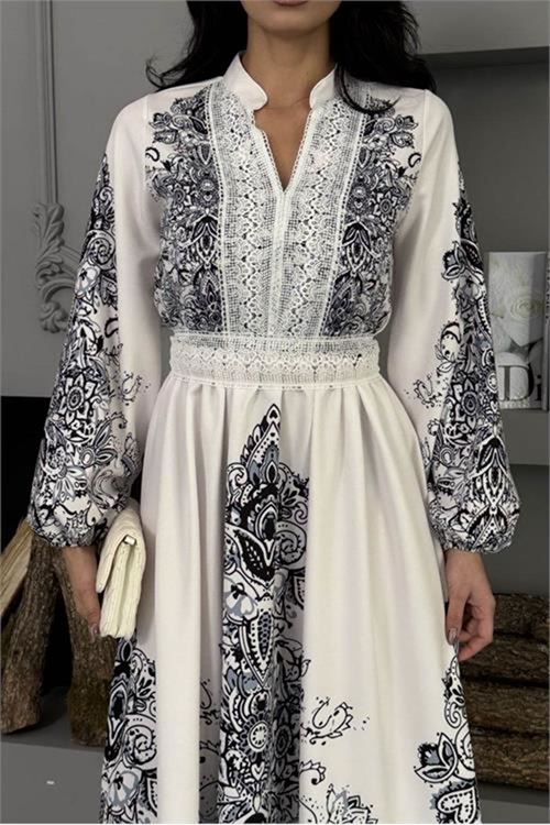Neşeli butik kadın siyah güpür detaylı atlas kumaş desenli ithal elbise NBMS25109