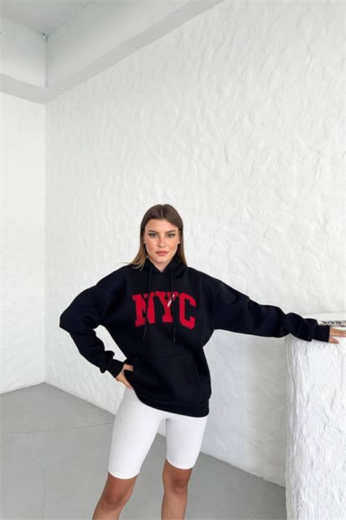 Neşeli butik kadın siyah kapuşonlu içi polar nakışlı sweat NBG033