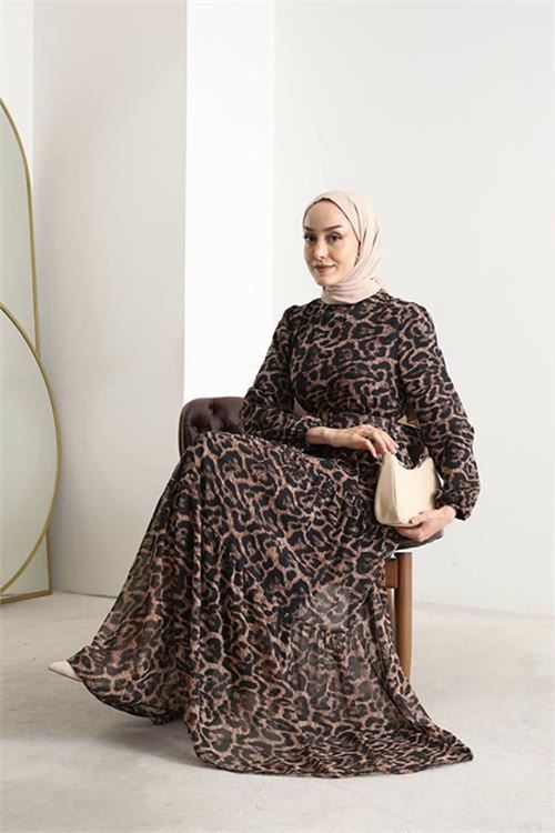 Neşeli butik kadın kemerli leopar desenli tesettür şifon elbise SMS014