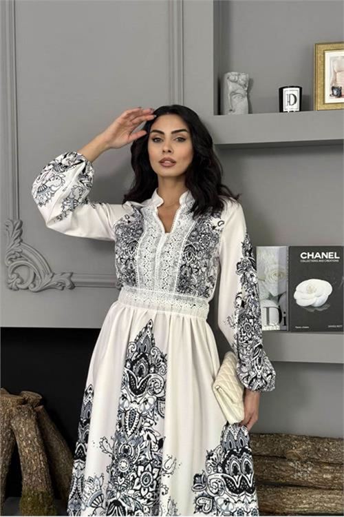 Neşeli butik kadın siyah güpür detaylı atlas kumaş desenli ithal elbise NBMS25109