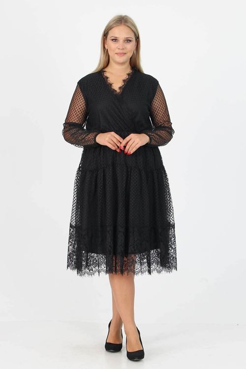 Neşeli butik kadın yeni sezon tül detaylı kruvaze yaka büyük beden elbise APCX14