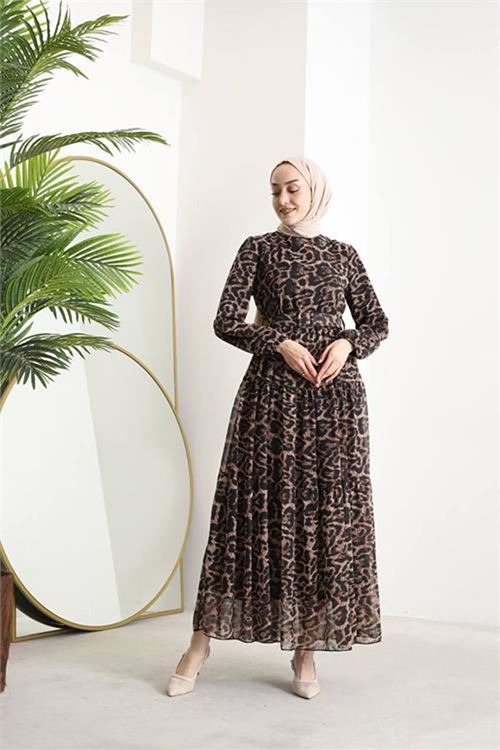 Neşeli butik kadın kemerli leopar desenli tesettür şifon elbise SMS014