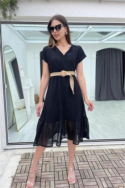 Neşeli butik kadın siyah hasır kemerli dantel elbise DK0001