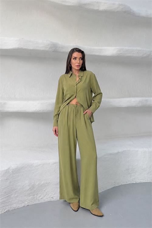Neşeli butik kadın yeşil tensel kumaş oversize gömlek pantolon ikili takım NBNP037